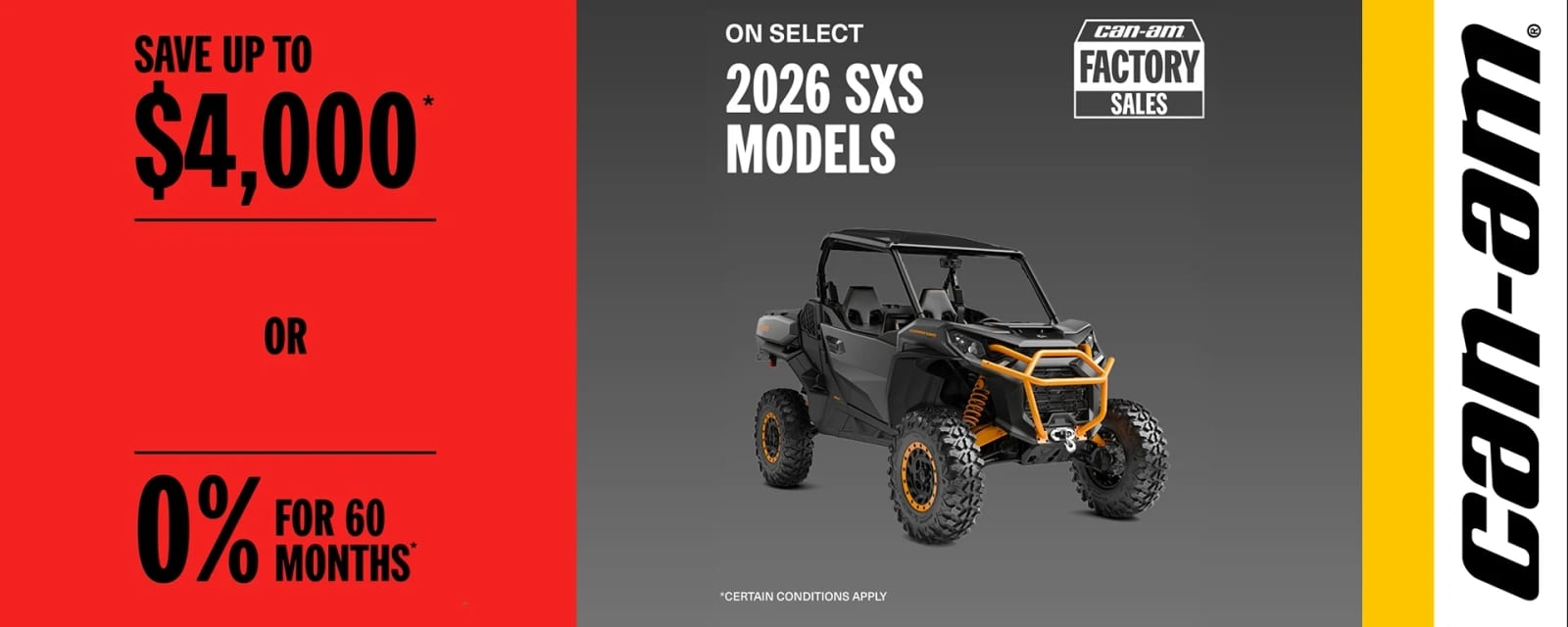 Save up to $4,000 OR 0% for 60 months on select 2026 SxS models alt